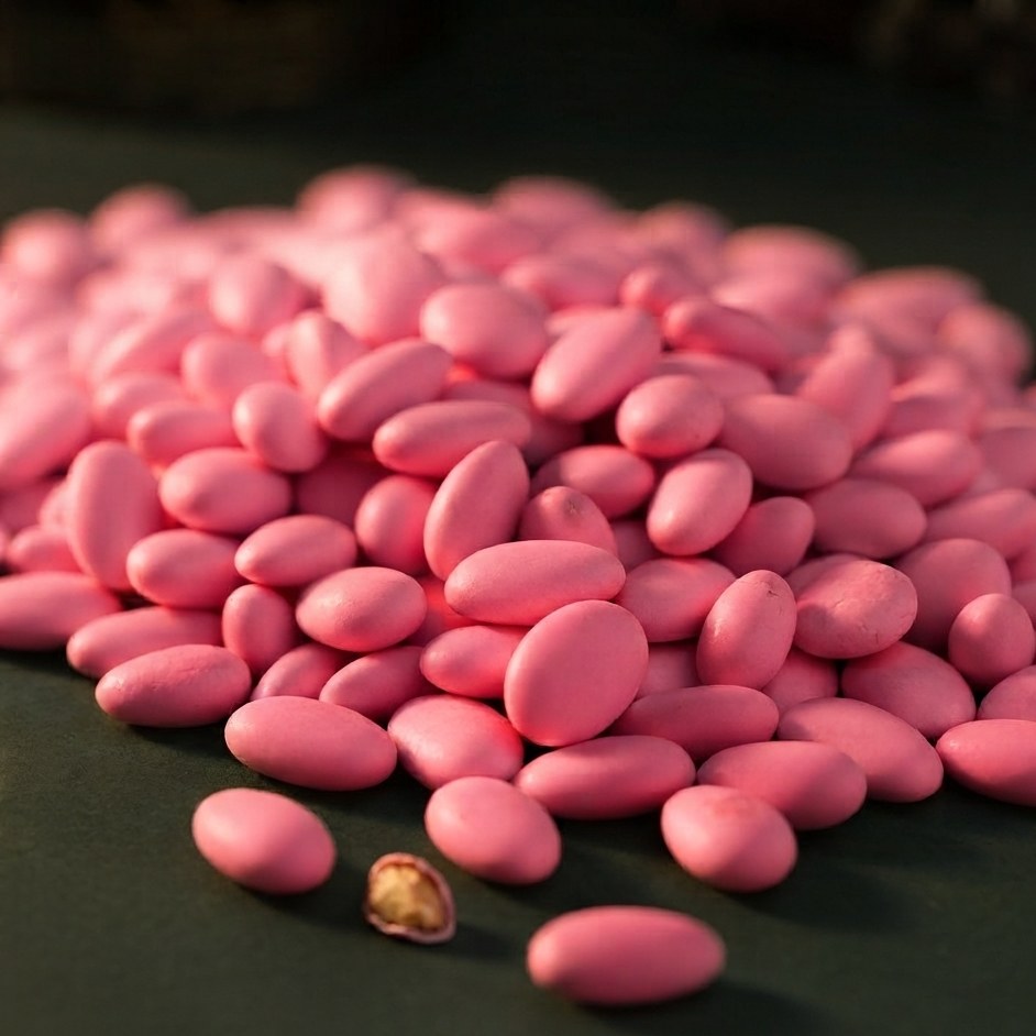 Pastel pembe şekerli kaplamalı badem draje — kız bebek hediyesi ve kına gecesi