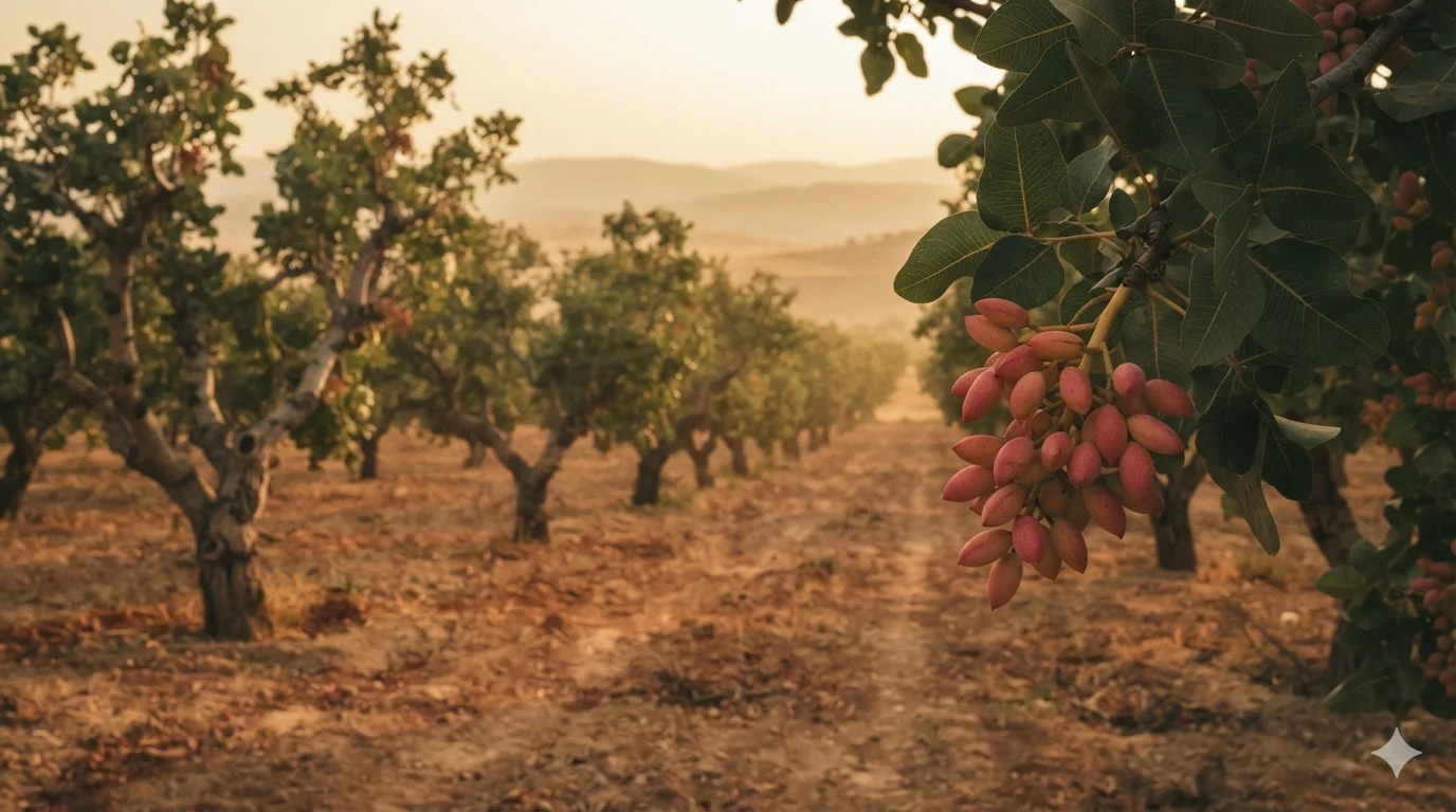 Gaziantep yakınlarındaki bir Antep fıstığı bahçesinde gün batımı ışığında dalda olgunlaşmış pembe fıstık salkımı